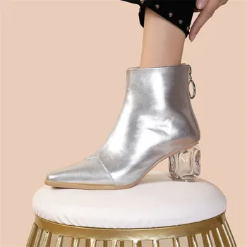 

2019 High Quality Autumn Genuine Leather Ankle Boots for Ladies Crystal Heel Square Toe Shoes Woman Zip Party Shoes botas mujer