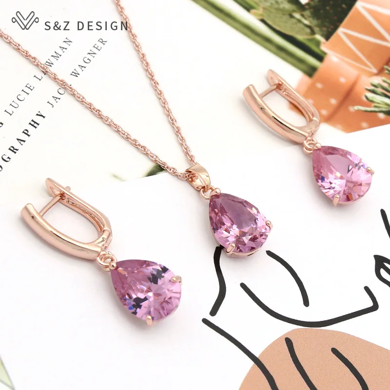 S&Z DESIGN Classic Water Drop Cubic Zirconia Jewelry Sets For Women 585 Rose Gold Color Dangle Earrings Pendant Necklace