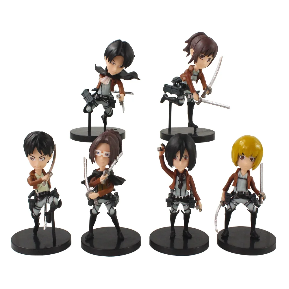 9cm 6pcs/Lot Attack on Titan Eren Jager Mikasa Levi Ackerman Arlert Hanji Zoe Sasha Braus PVC Figures Toys Q Version Dolls | Игрушки и