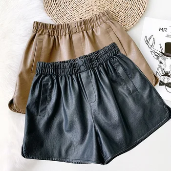 買取 Wasteheart黒カーキカジュアル女性ファッションpuレザーハイウエストショーツ夏の女性のホットセクシーなポケットプラスサイズ