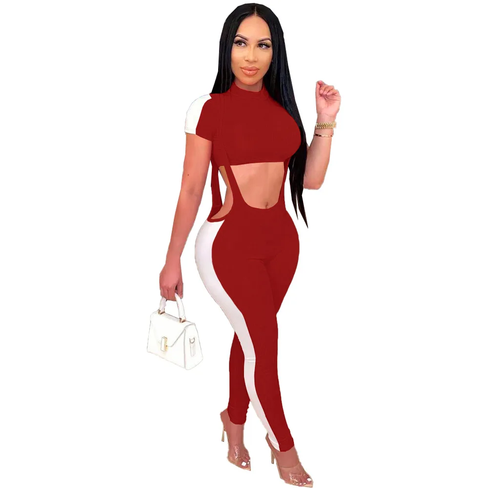 Casul Women Set Knit Ribbed Two Piece Set Crop Top + Jumpsuit Solid Color Patchwork Short Sleeve Tracksuit Clothes For Women