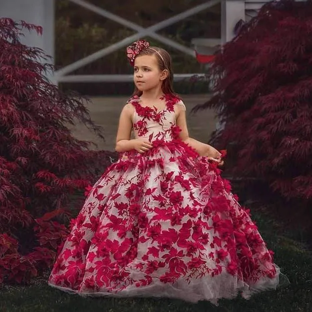 Г. Милое Красное Бальное Платье, Платья с цветочным узором для девочек, с объемной цветочной аппликацией, фатиновое платье для торжеств для маленьких девочек праздничная одежда на заказ