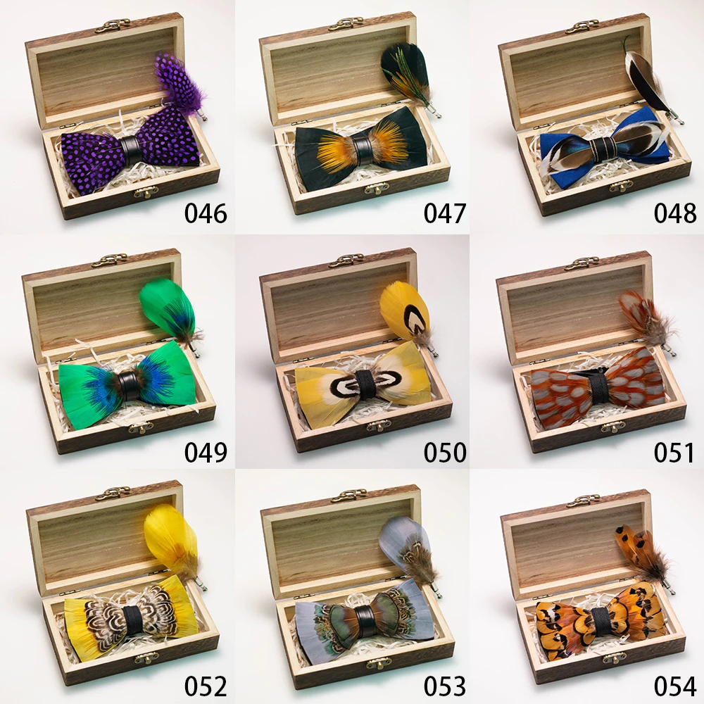 EASTEPIC Handgefertigte Feder-Fliege-Brosche, Holzkiste-Set, exquisite Accessoires für Herren, für Hochzeit, Party, Geburtstag, Geschenk, Krawatte – Detail 9