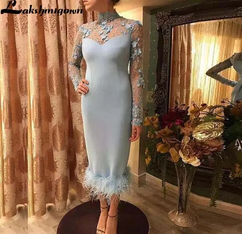 

Elegant Tea Length Sheath Mother of the Bride Dresses High Neck Long Sleeve Evening Gowns 3D Flower Wedding Guest Dress