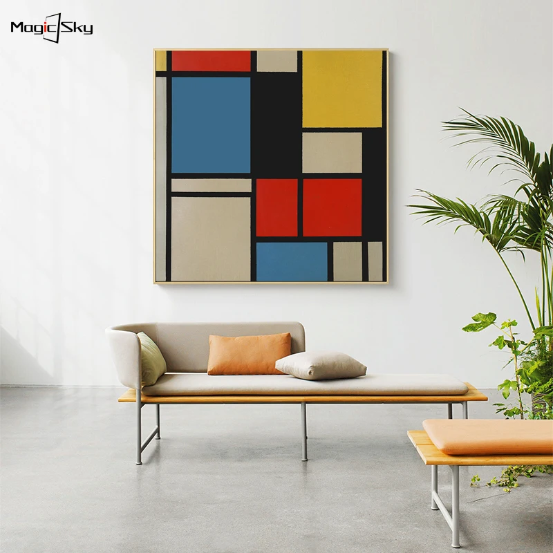 Классическая красная синяя желтая картина маслом Piet Mondrian постер на холсте