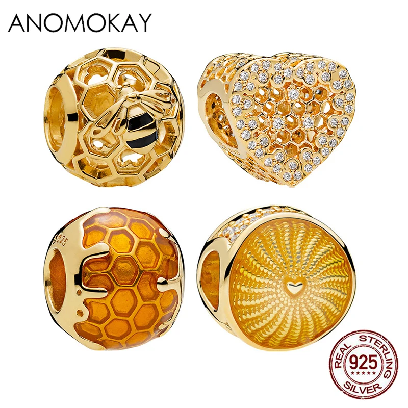 Anomokay European & American Trendy Gold Color Honey Bee Sun Round Charm for Women DIY Bracelet Jewelry 100% S925 Silver Beads |