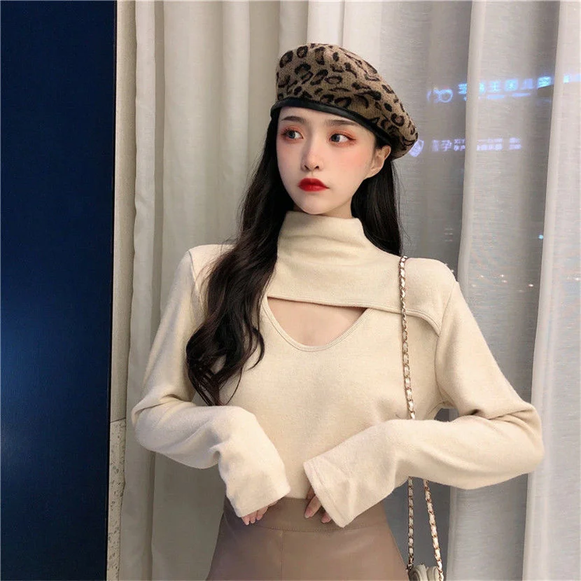 

Thickened Bottoming T-shirt Long Sleeve Shirt Women Tshirt Autumn Winter With New Korean Hollow Out High Collar Top Slim Vogue