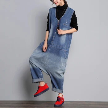 

Denim Sleeveless Jumpsuits Women Baggy Plus Size V Neck Long Playsuit Loose Oversized Jean Overalls Low Crotch Cowboy Rompers