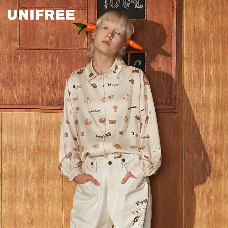 A2569 Beige print Unifree19 Осенняя Новинка Свободная Повседневная рубашка с длинными рукавами и отворотом простая Милая рубашка с принтом U193D101HY - Цвет: A2569 Beige print