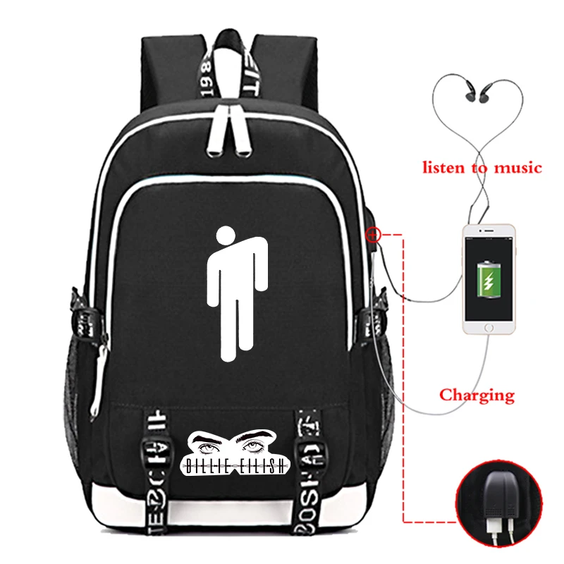 

Hip Hop Laptop Billie Eilish Backpack USB Charging Canvas Schoolbag Blue Travel Mochila Mujer Black Sac A Dos Femme Bookbag