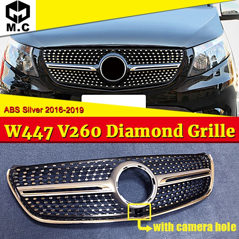 W447 Vito V Class Panamericana Diamond Front Grille Grill Grills ABS Gloss Silver W/Camera For Mercedes MB V260 F250 F220 16-18 |