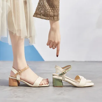 

2020 Chunky Heels Sandals Women Peep Toe Slingbacks Shoes Summer Mixed Color Buckle Slides Hollow Casual Zapatos De Mujer