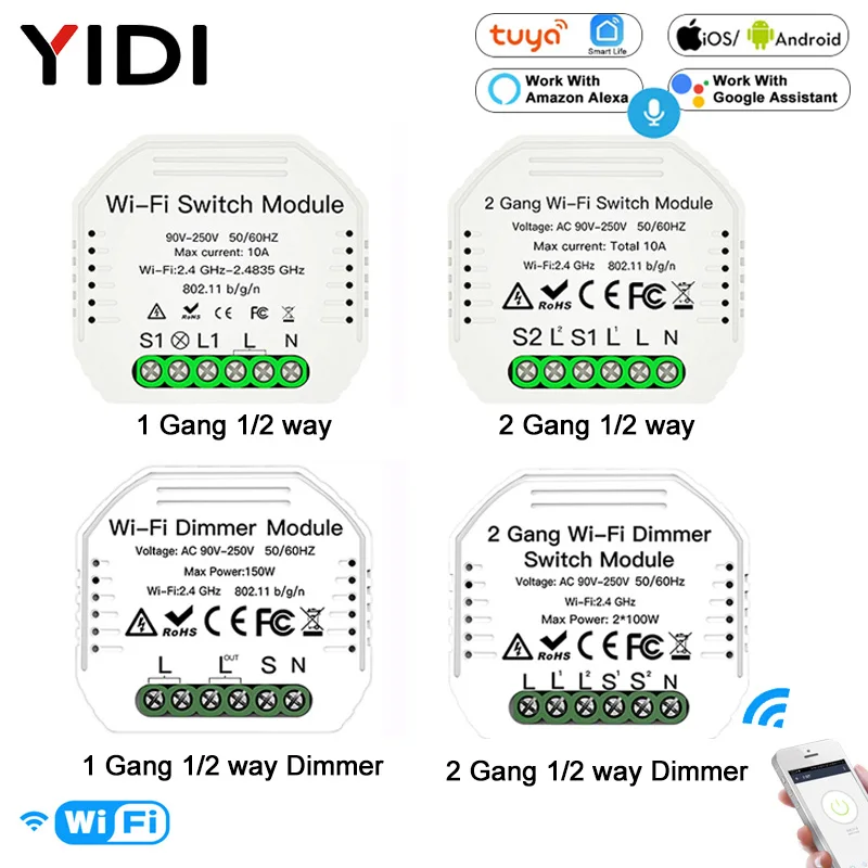 DIY WiFi Smart Light Switch Module Smart Life Tuya Remote Voice Control 1-2 Way 1-2 Gang Dimmer Swit