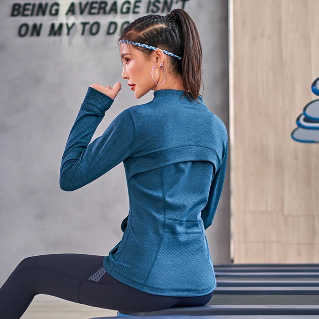 US $18.18 Women sports Jacket Thumb Hole Yoga Jackets Zipper with pockets Fitness Clothing Top Sport Gym fitn