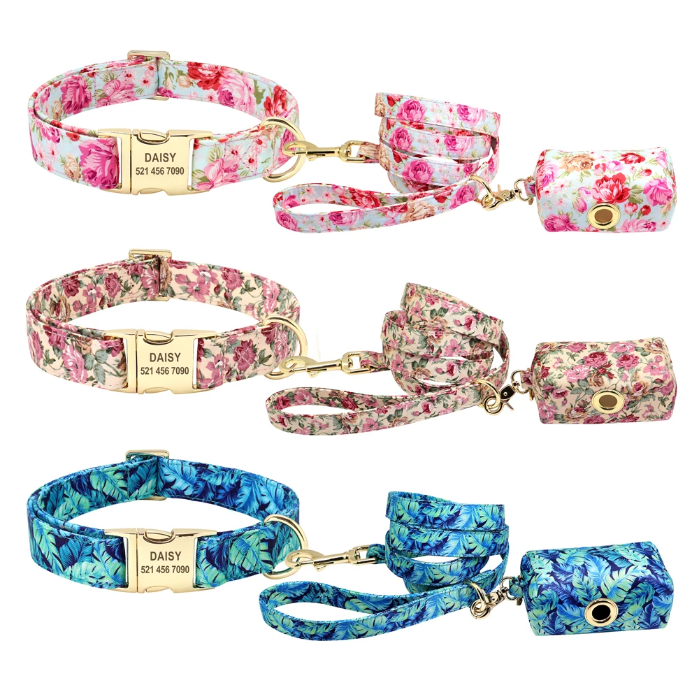 Flower Dog Collar Leash Set Custom Small Medium Large Dog Pet Collars Floral Print Nylon Dog