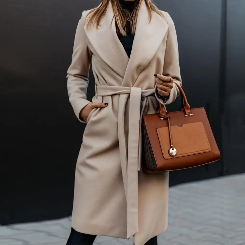 Женская осенне-зимняя однотонная уличная одежда размера плюс S-3XL, шерстяное пальто с длинными рукавами, Женская Повседневная тонкая плотная верхняя одежда