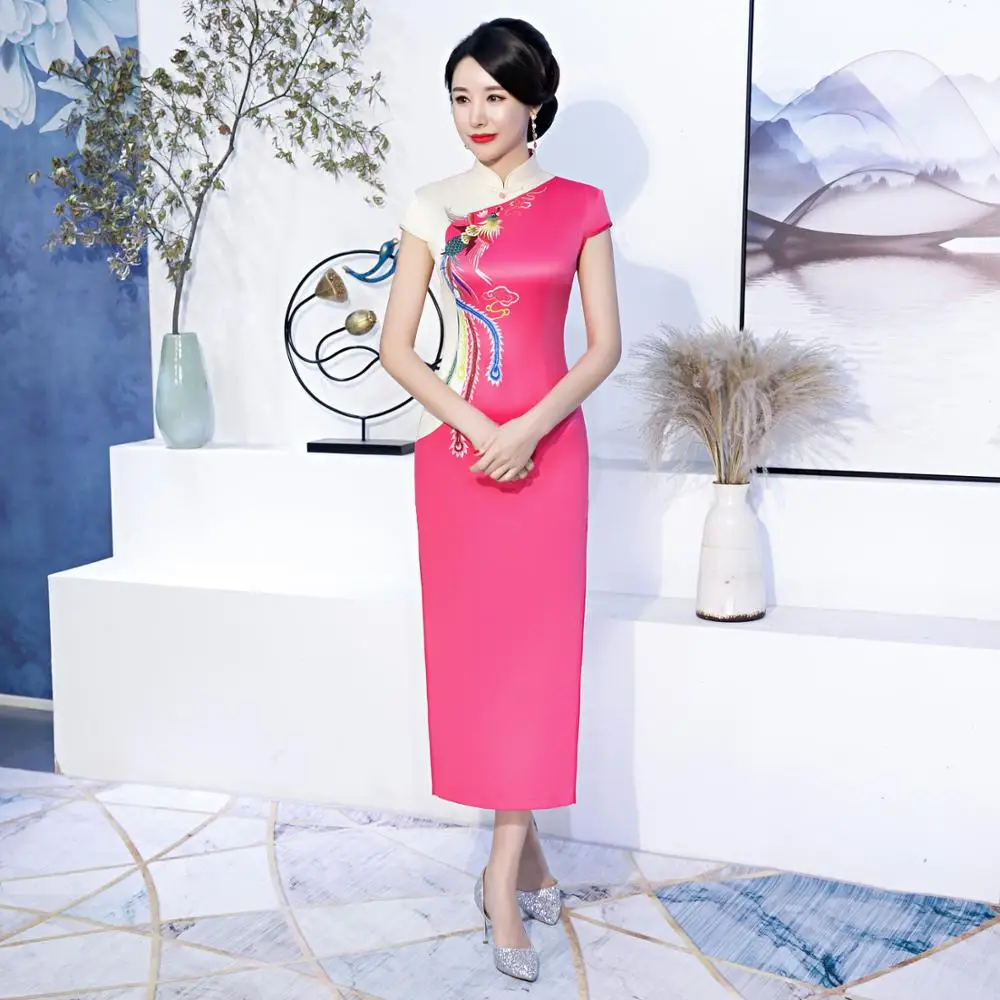Китайское традиционное платье женское атласное Qipao принт Феникс длинное Cheongsam размера плюс M L XL XXL XXXL 4XL 5XL 6XL - Цвет: rose red