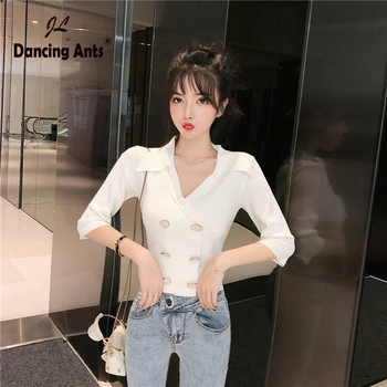 

Women Half Sleeve Turn-down Collar Short Cardigans Korean Office Lady Solid Double Breasted Female Knitted Cardigans 2020 Spring