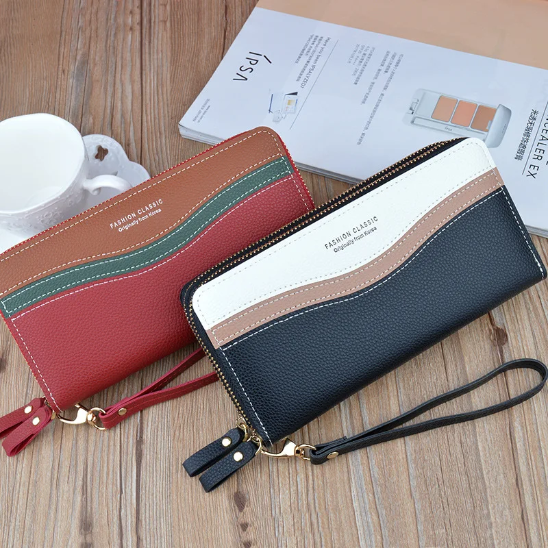 

New wallet women's long double zipper hand bag fashion color contrast large capacity double wallet change mobile phone bag