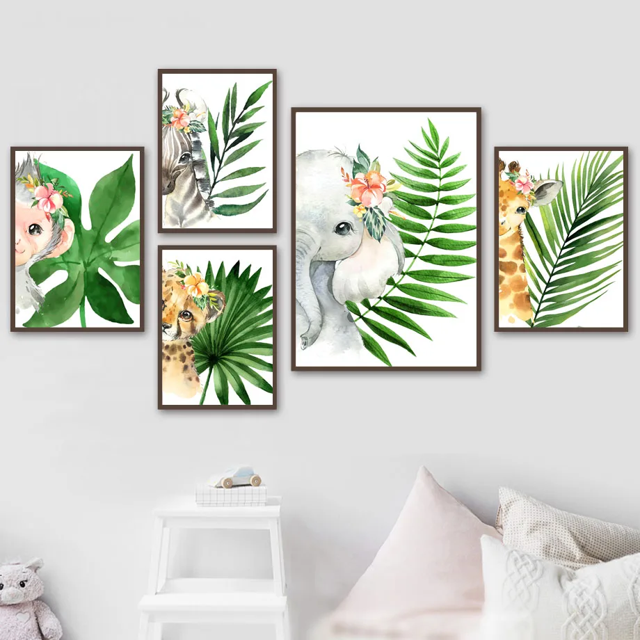 Plant-Leaf-Zebra-Elephant-Monkey-Animal-Wall-Art-Canvas-Painting-Nordic-Posters-And-Prints-Nursery-Wall