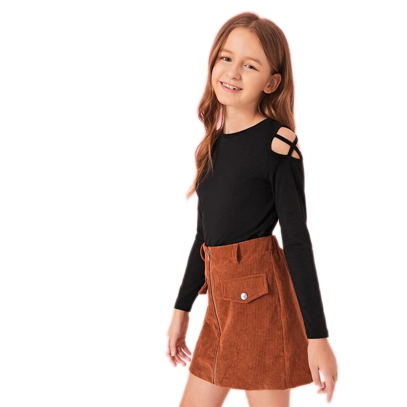 SHEIN Kiddie Black Solid Criss Cross Shoulder Casual T-Shirt Kids Top Autumn Long Sleeve Skinny Teenagers Cut Out Tees