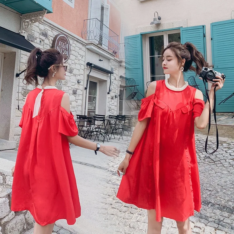 

Photo Shoot CHIC Hollow out off-Shoulder Sweet Red Mid-length Mixed Colors Petal Collar Lace-up Loose Maternity Clothes Dress