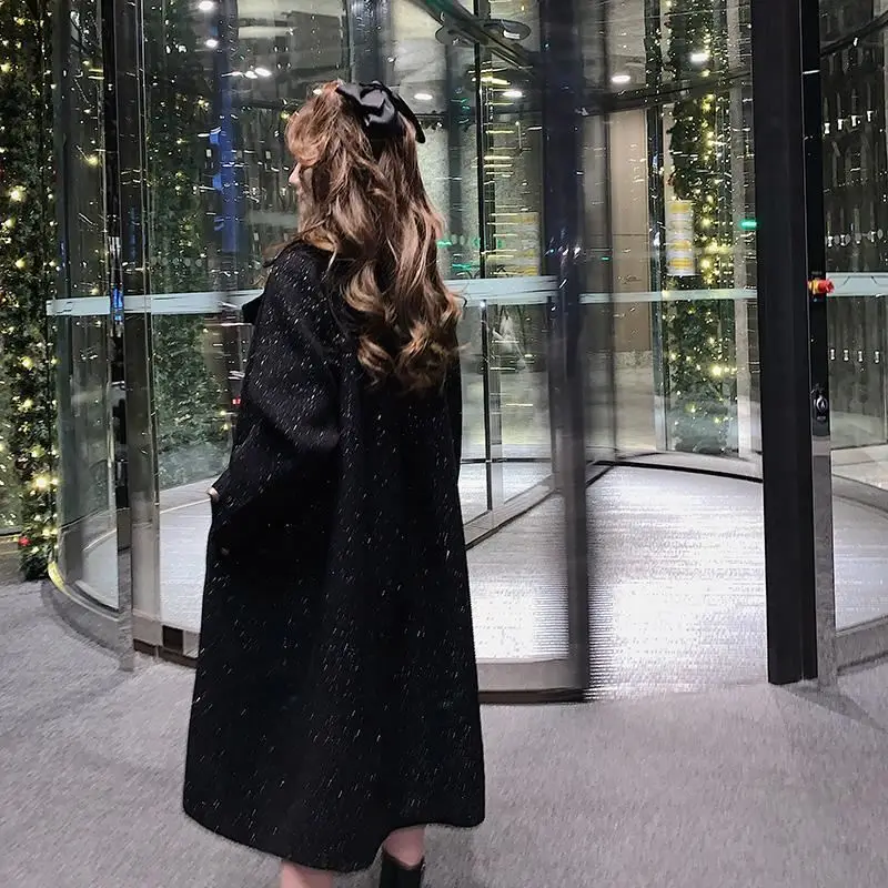 

Starry Sky Small Fragrance Black Bright Silk Galaxy Woolen Women's Autumn and Winter Mid-length Hepburn Wind Over The Knee Coat