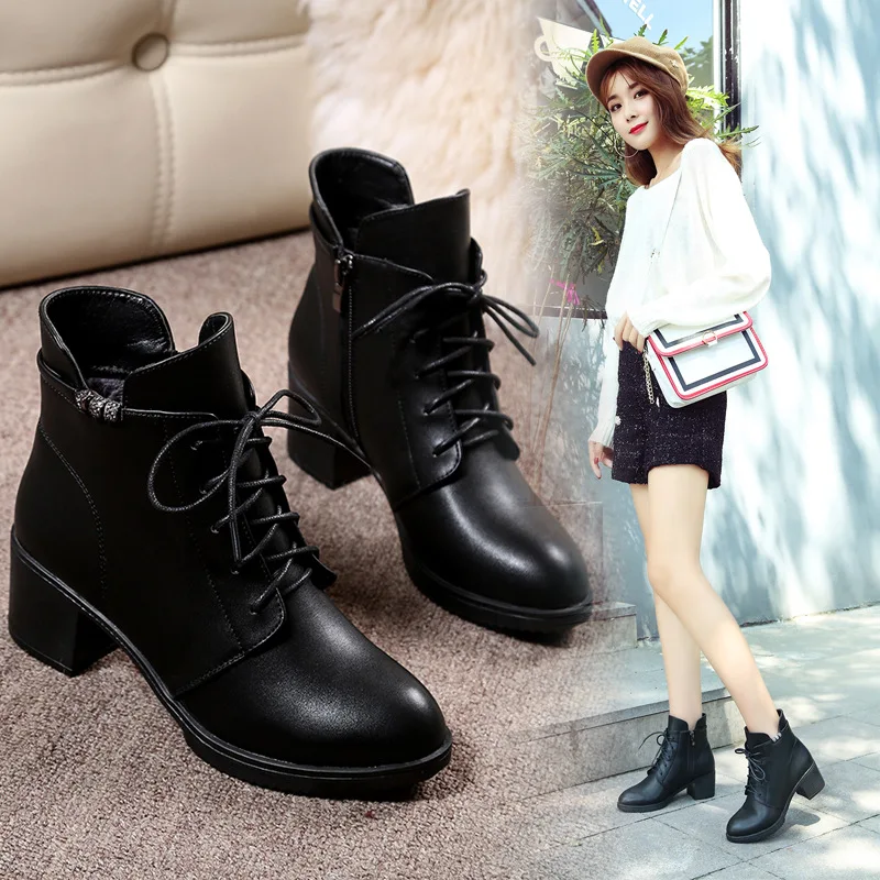 

Semi-high Heeled Spring Autumn Winter Short Boots 2018 New Style England Chunky-Heel plus Velvet Martin Boots Female Black Lace-
