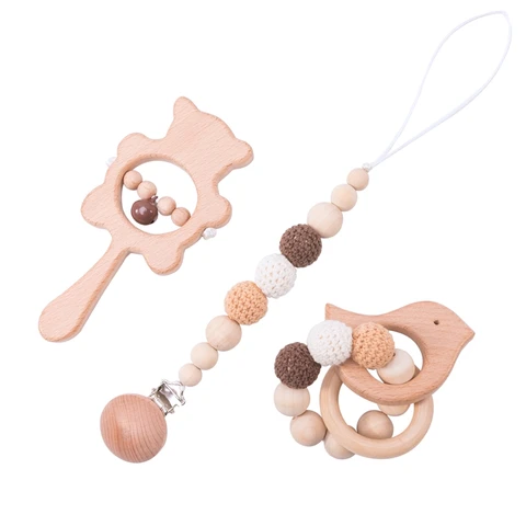 Set Baby Toys Wooden Rattle Infant Baby Teether Musical Baby Rattles Personalized Pacifier Chain Rattles For 0-12 Months Kids