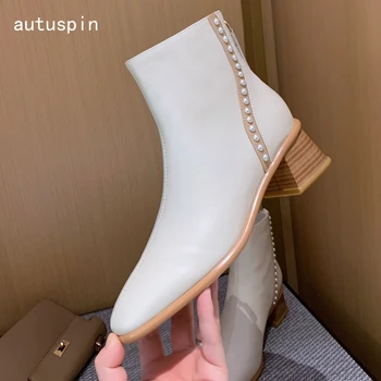 

autuspin Fashion Boots for Women Winter Genuine Leather Square Toe Pearl Decoration Thick Heels Female Elegant Party Prom Shoes