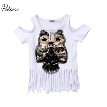 

Toddler Infant Child Kid Casual Sequins Owl Printed Top Baby Girl Tassel T-shirt Off Shoulder Cotton Clothes 1-6T
