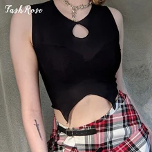 

FASHROSE Cut Out Gothic Emo Asymmetrical Tank Tops Sleeveless Skinny Solid Y2K Punk Cute Crop Top Women 2000s Aesthetic Vest Hot