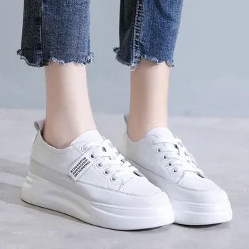 

Genuine Leather Height Increasing Shoes Women Flat Platform Shoes Fashion Sneakers Women White Shoes Female Footwear A1796