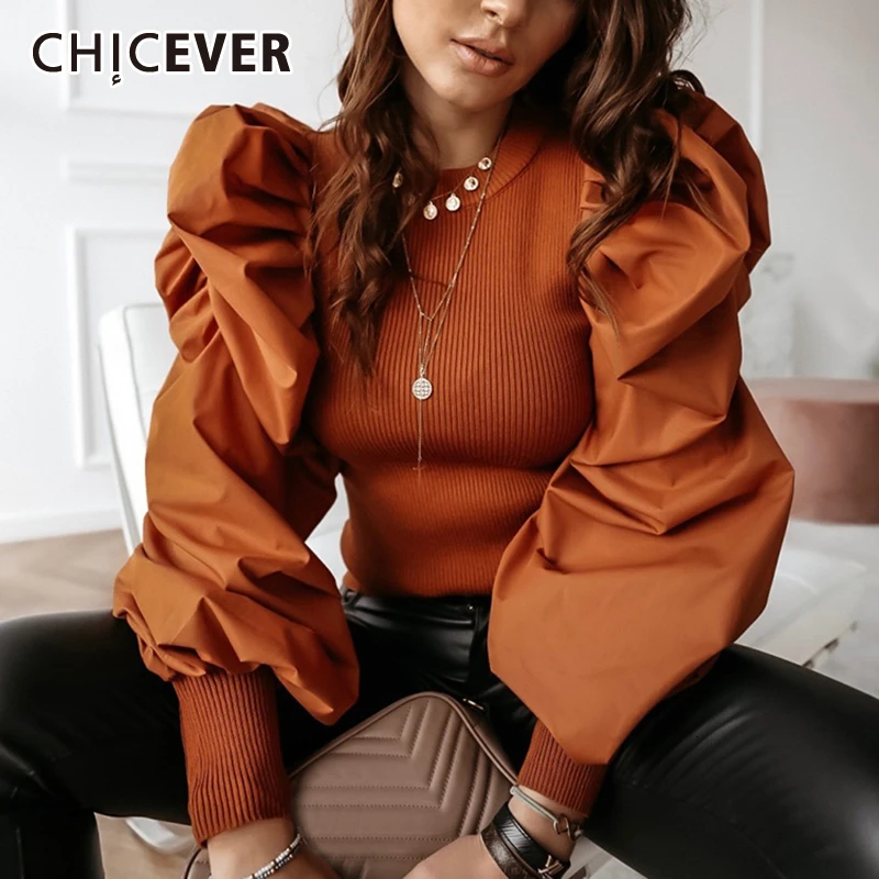 CHICEVER Лоскутные вязанные женские свитера с круглым вырезом и пышными рукавами