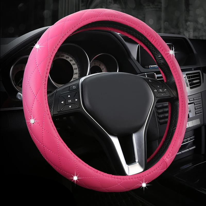 Бриллианты розовый автомобильный чехол на руль из искусственной кожи M Размер для VW Kia Nissan Volvo Opel для toyota, Subaru для девочек авто аксессуары - Название цвета: Rose Red