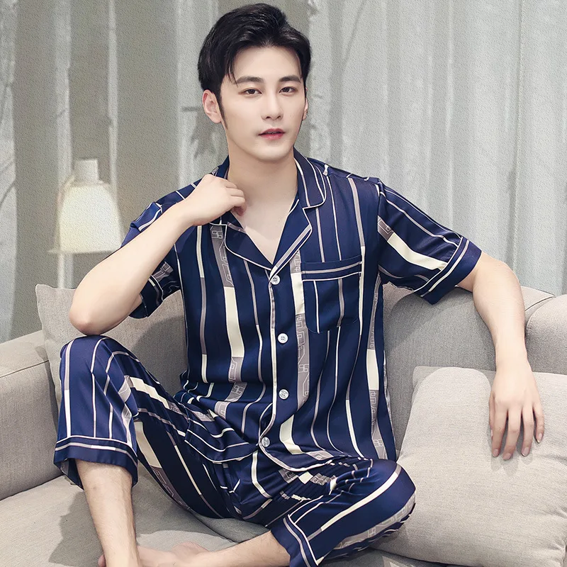 mens pjs New Men Pajamas for Men Pijama Set Long-sleeved Comfortable Sleep Tops Imitate Silk Mens Pajamas Men Sleepwear Set Men Sleepwear mens sleep wear Pajama Sets