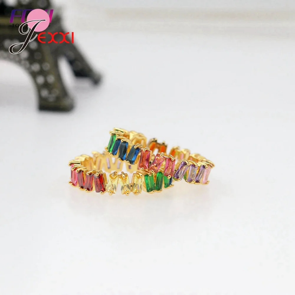 Hot Classic Colorful Rainbow CZ Gold Ring For Women Girls Fashion Engagement Wedding Band Charm Party Jewelry Gift
