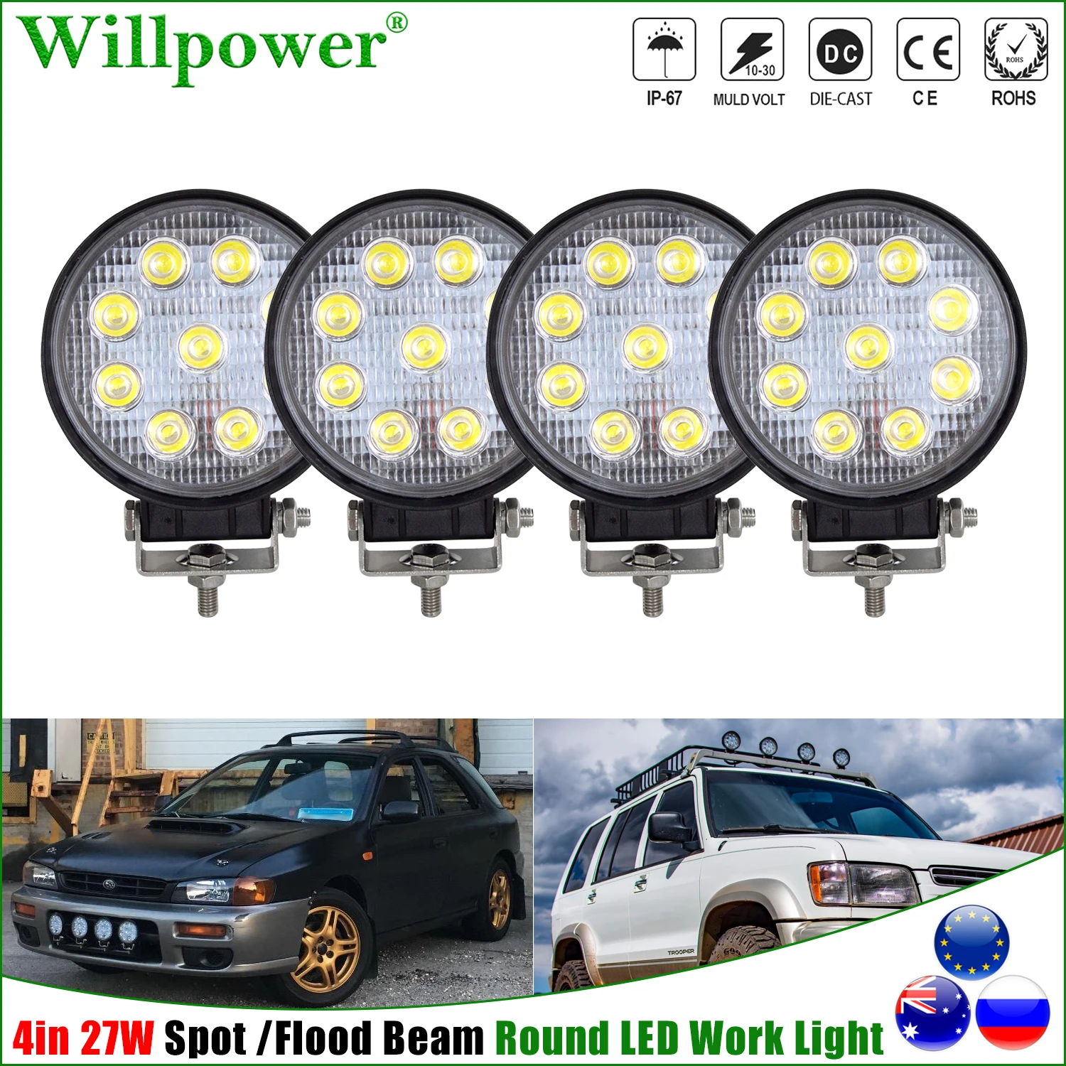 

4x OffRoad Car Roof Rack 27W 4" LED Spotlight Round Headlight For Jeep JK 4x4 Truck SUV Pickup Bumper Flood Driving Fog Lamp