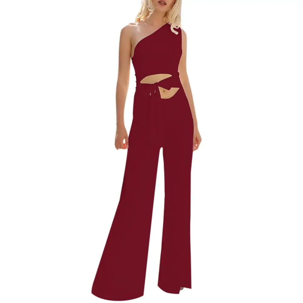 

Plus Size Women Jumpsuits Solid Sleeveless High Waist Lace Up Off Shoulder Flare Rompers monos de fiesta 2020 New Drop Shipping