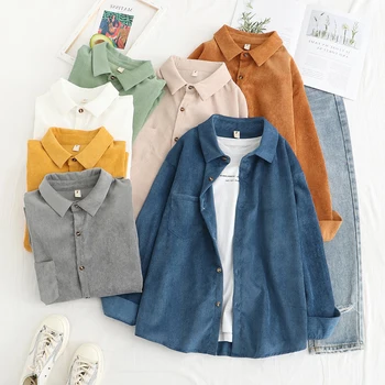 

2020 Women Summer New Fahion Vintage Corduroy Shirt Women's Korean Style Loose Tops Sweet Blouse Lady Street Wear