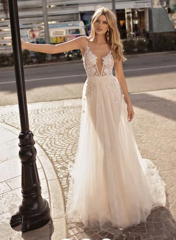 abiye robe de mariee Gowns Spaghetti Floor Length Boho Wedding Gowns Backless Bridal Dresses Appliques vestido de noiva