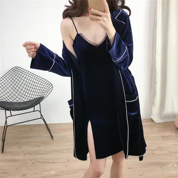

Long Sleeve Sexy Home Clothing Women Sleepwear Bathrobe Lingerie Autumn Winter Sleep Suit 2PCS Soft Nightwear Kimono Robe