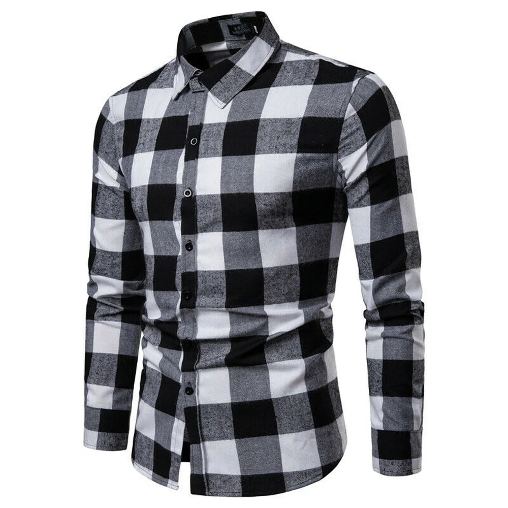 Men Dress Shirts Plaid Long Sleeve Slim Fit Formal Tops