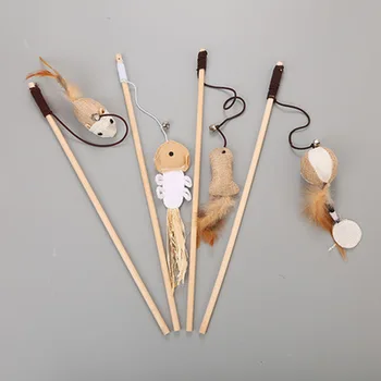 

40cm Pet Cat Teaser Toys Feather Linen Wand Cat Catcher Teaser Stick Cat Interactive Toys Wood Rod Mouse Toy
