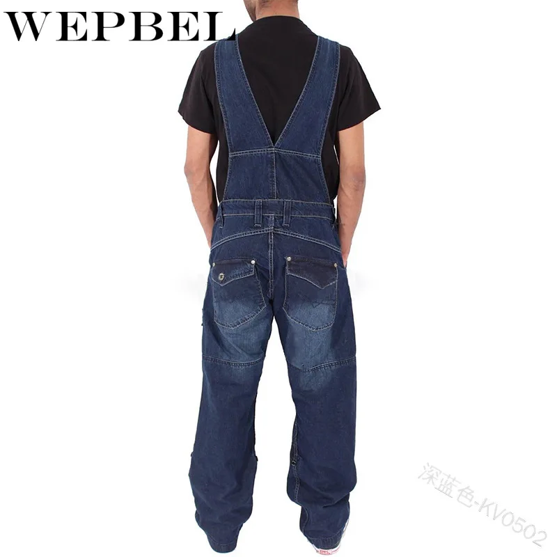 WEPBEL, мужские свободные повседневные модные джинсовые комбинезоны с карманами, Длинные мужские длинные штаны на молнии и кнопках
