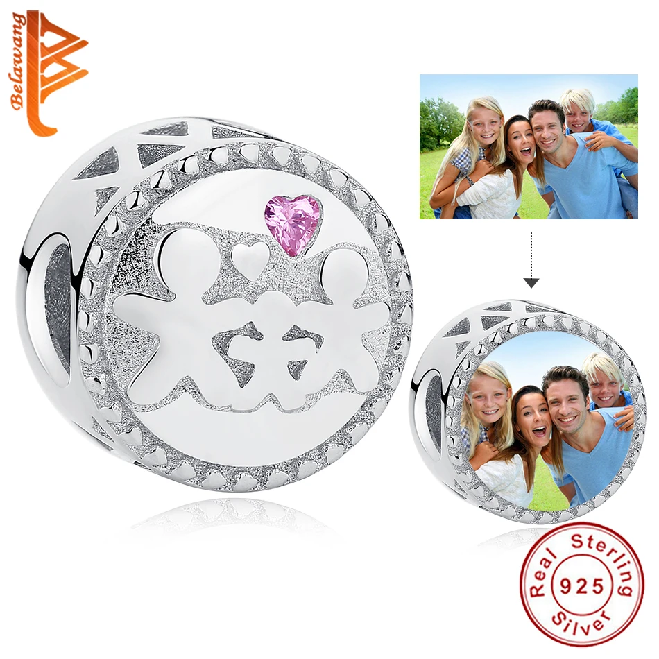 

Authentic 925 Sterling Silver Pink Crystal Family Circle Custom Photo Beads fit Charm Bracelet Necklace DIY Personalized Jewelry