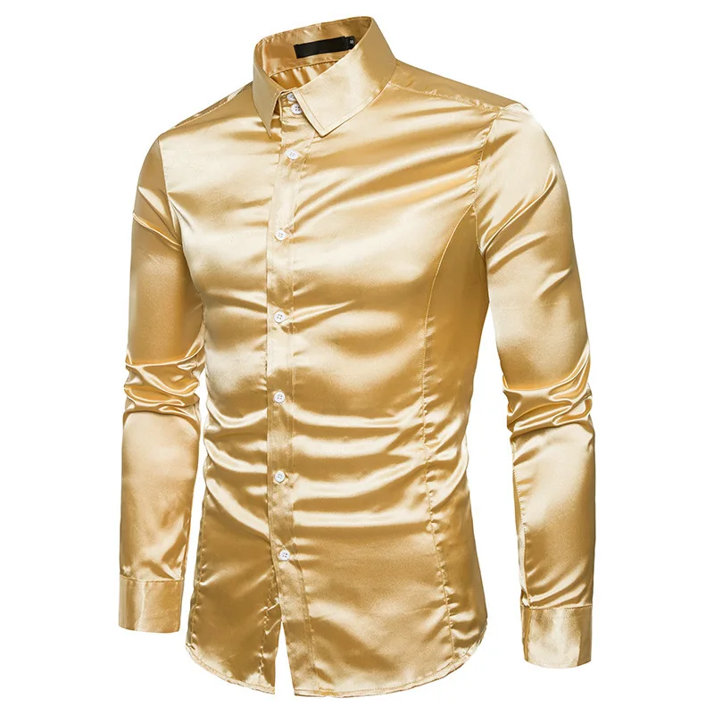 Металл Золотой Цвет Мужская рубашка Корейская версия мужская с длинным рукавом отложным воротником Повседневная рубашка Весна и осень