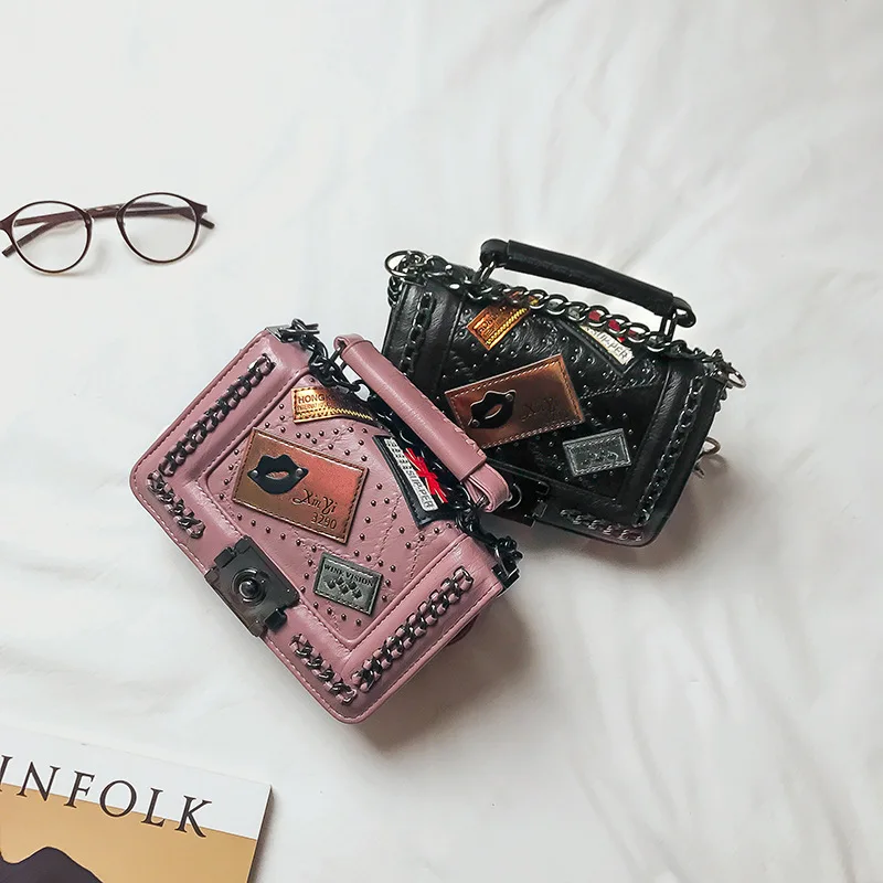 

High Quality Female Bag 2020 New Fashion Lock Chain Small Square Bag Rivet Single Shoulder Messenger Bag Luxury Cross Body Bag