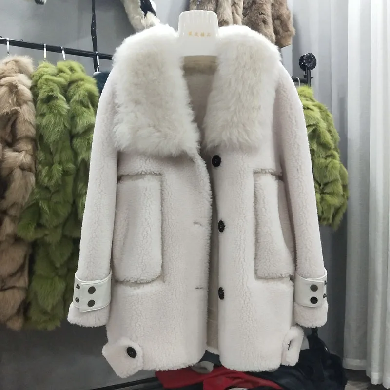 Толстое теплое пальто зимняя одежда для женщин Новое поступление шерсть отложной воротник обычная длина Кожаная Куртка парка овечий мех