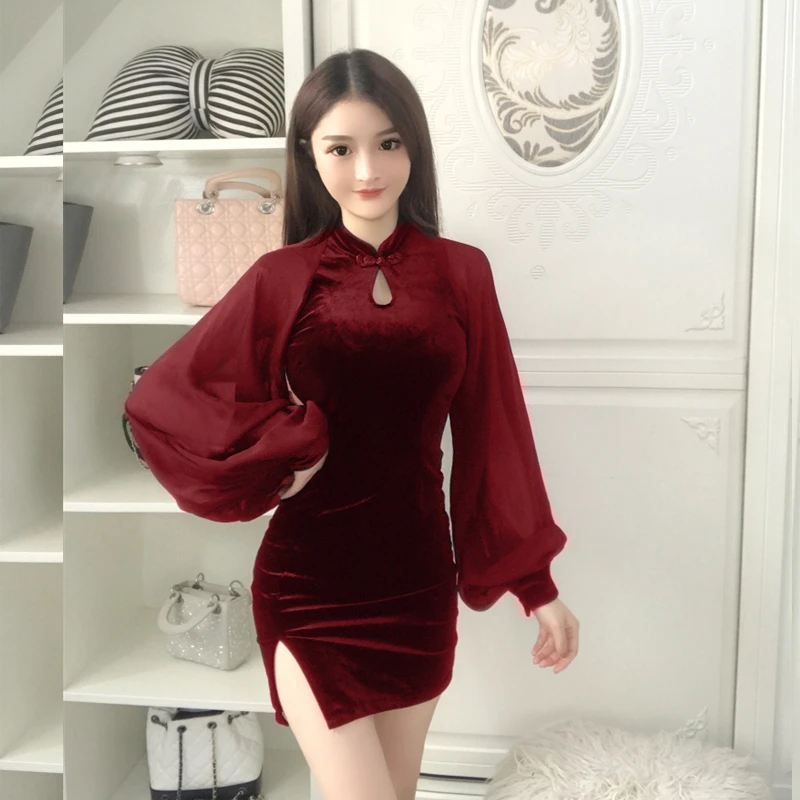 Модель для съемки! фонари шифоновые длинные рукава Улучшенная QiPaoShi Показать Тонкий вина с красное платье